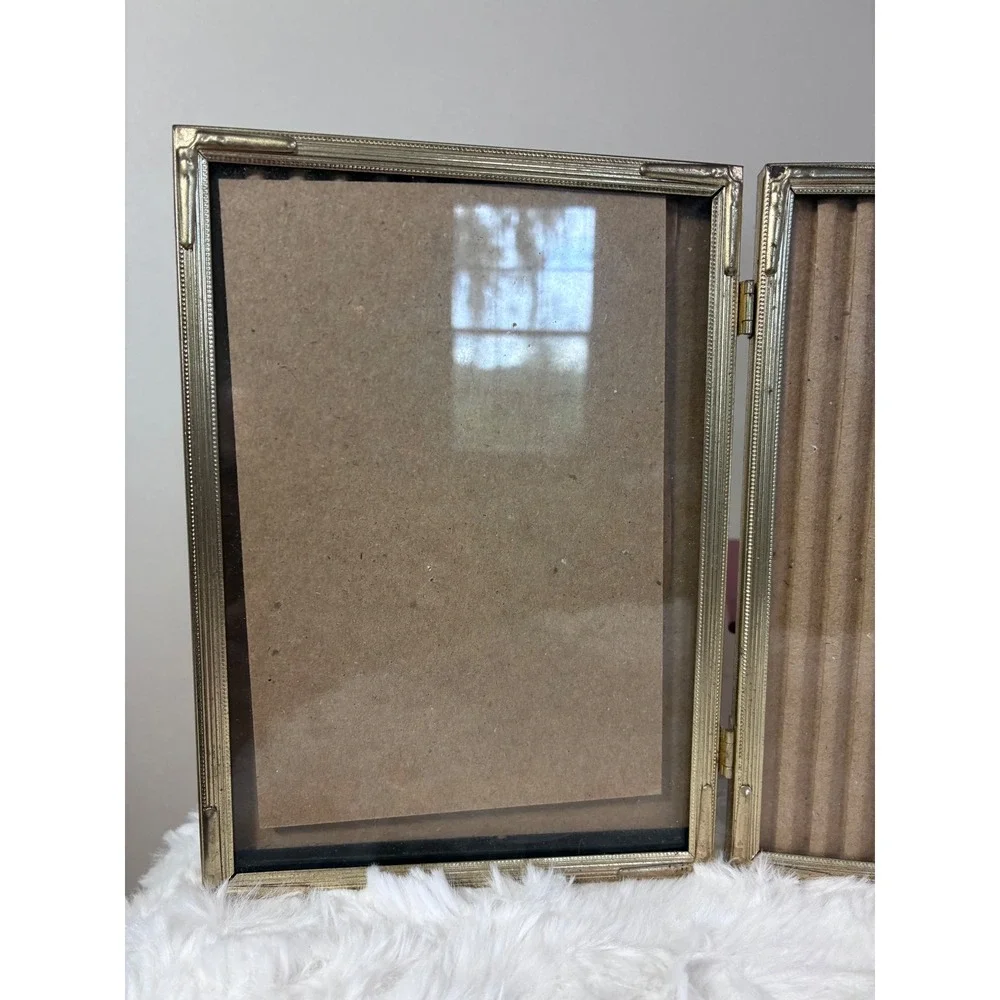 Vintage Gold Metal Triple Folding Picture Frame Triptych Beaded 5x7 Tabletop